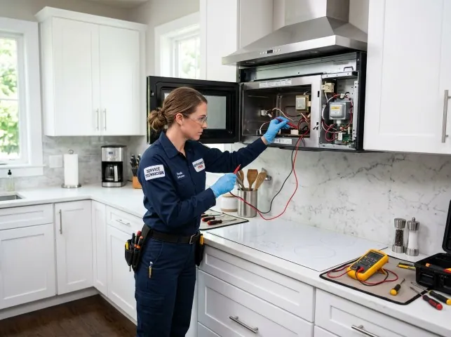 Appliance Repair Hero technician testing an over-the-range microwave in a Belews Creek, NC kitchen